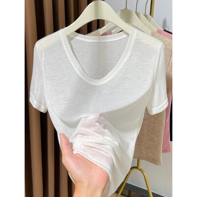 白色V领薄面膜t恤女2026新款微透薄款宽松短袖上衣低领内搭0228e