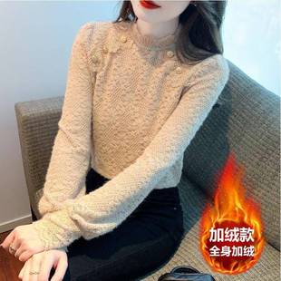 上1219e 女秋冬内搭洋气质设计感长袖 2025新款 加绒高领蕾丝打底衫