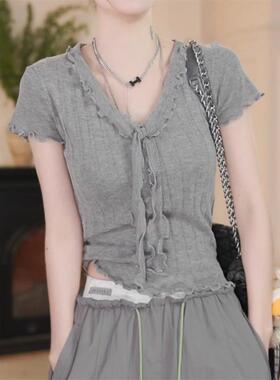欧货灰色V领正肩针织短袖t恤女2026新款夏季短款蕾丝花边纯0203r1