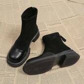 新款 春季 粗跟短靴女2026秋季 网红马丁靴女棕色洋气瘦瘦靴百0128ed