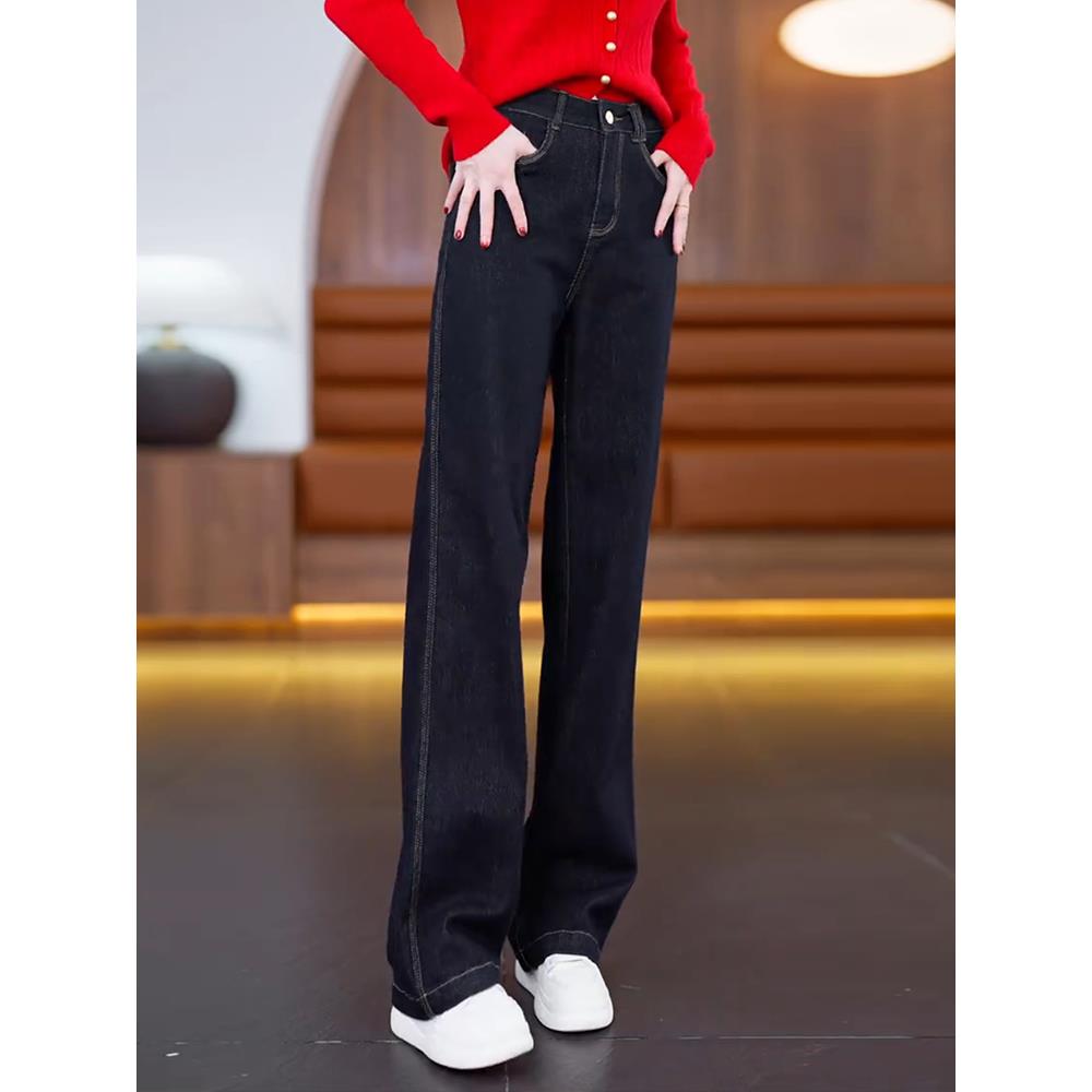 秋冬加绒加厚蓝牛仔直筒裤女2025新款高腰显瘦保暖休闲阔腿1209u