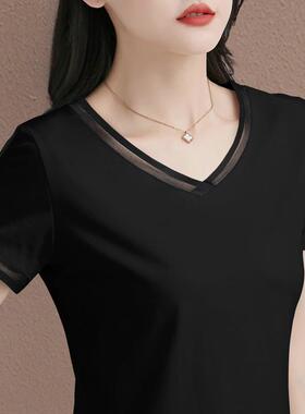短袖t恤女v领2026年新款夏季修身品牌半袖上衣黑色修身体恤0420k