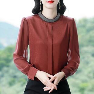 感轻奢小衫 女早秋新款 气质打底上衣0828u 衬衫 重工烫钻圆领长袖
