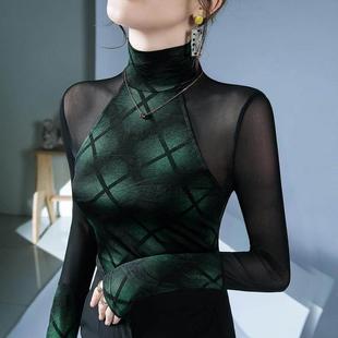 洋派高领蕾丝打底衫女高级感内搭薄纱长袖T恤黑纱拼接网纱上0101h
