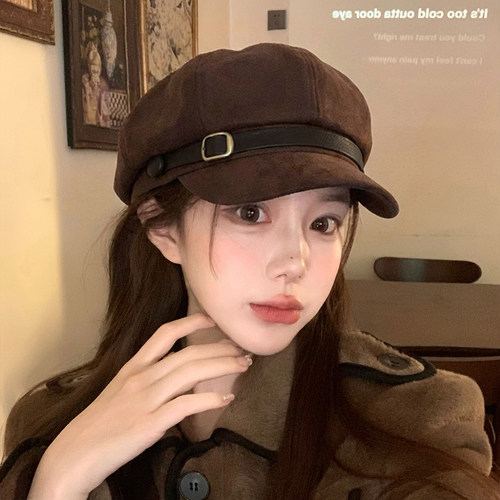 保暖帽子咖色贝雷帽女士2026新款秋冬季英伦复古报小画家显1008e