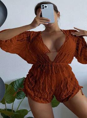 长袖网纱高腰抽绳泳衣女比基尼三件套 Sexy threepiece swimsuit