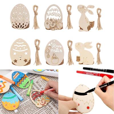 10pcs Happy Rabbit Eggs Easter Decorations Wooden Crafts Hom