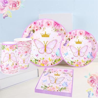 Pink Butterfly Birthday Tableware Backdrop Happy 1st First B