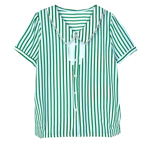 KM18851#夏季新款短袖娃娃领花边拼色洋气上衣时尚显瘦小衫