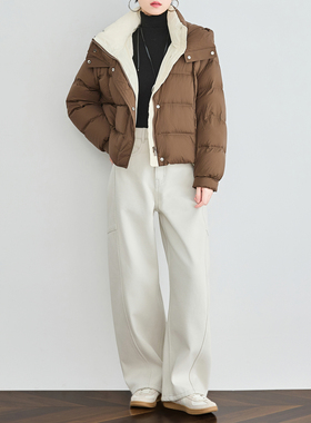 奕兮小个子白色牛仔裤女秋冬加绒弯刀裤高腰直筒休闲裤宽松阔腿裤