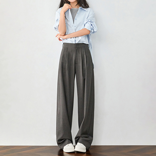 高腰宽松阔腿裤 裤 女高级垂感休闲西装 奕兮小个子灰色褶皱直筒西裤
