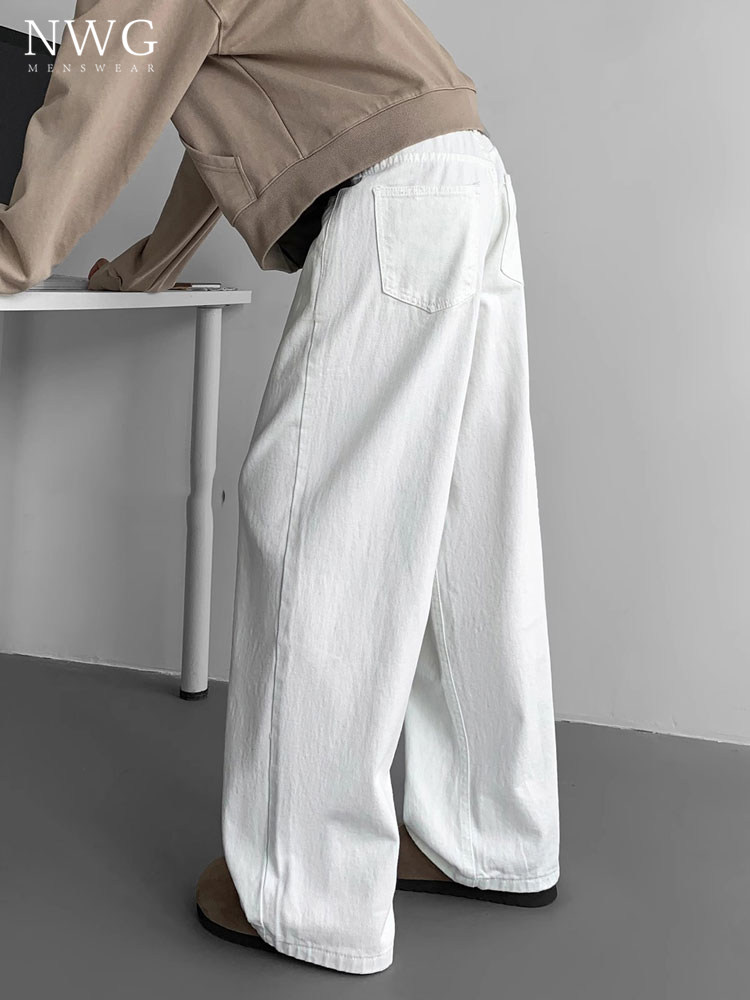 重磅白色牛仔裤男潮牌春秋季新款宽松直筒拖地裤子男美式阔腿长裤