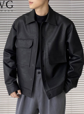 黑色皮衣外套男潮牌春秋季2025新款高级感痞帅翻领机车飞行员夹克