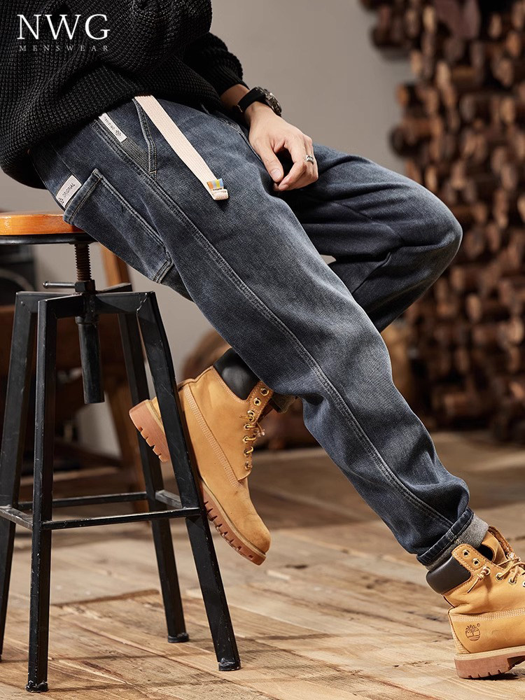 牛仔裤男潮牌秋冬季加绒加厚美式覆古宽松直筒裤子男弹力休闲长裤