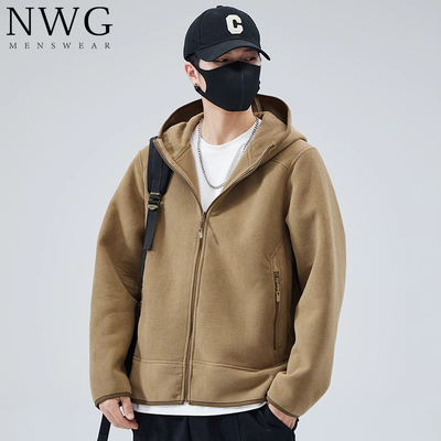 摇粒绒开衫卫衣男秋冬季2024新款加厚宽松纯色连帽外套男休闲上衣