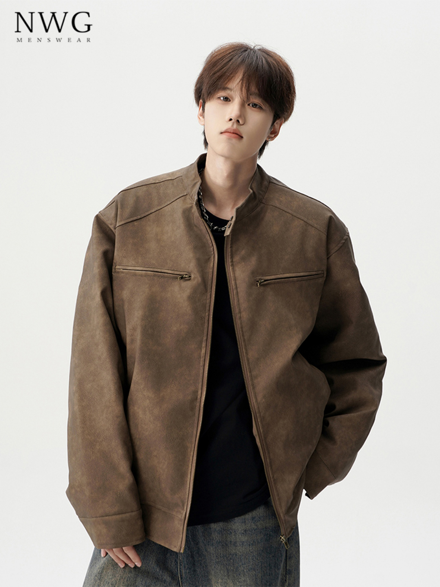 机车pu皮夹克男春秋季新款美式高街宽松翻领皮衣外套男士休闲上衣