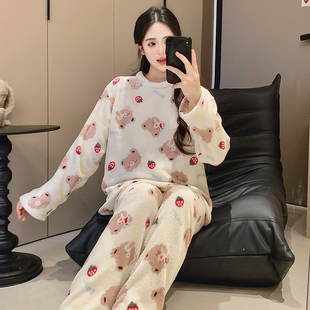 珊瑚绒睡衣女冬季2025新款卡通加绒加厚秋冬可爱可外穿家居服套装