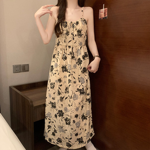 新款 带胸垫睡裙女夏季 吊带纯色蕾丝花边小香风外穿宽松休闲家居服