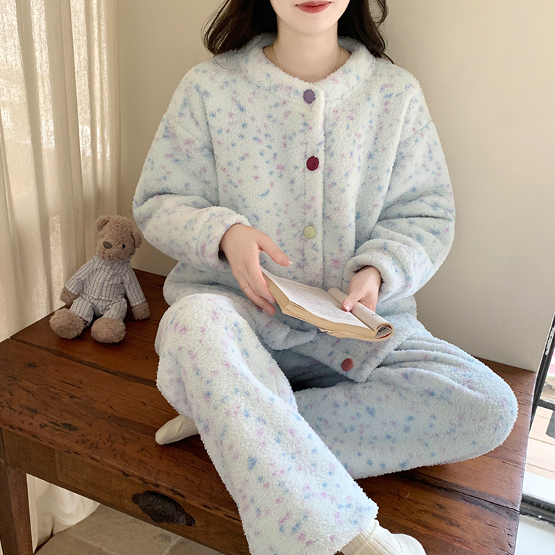 网红秋冬开衫纽扣保暖睡衣套装