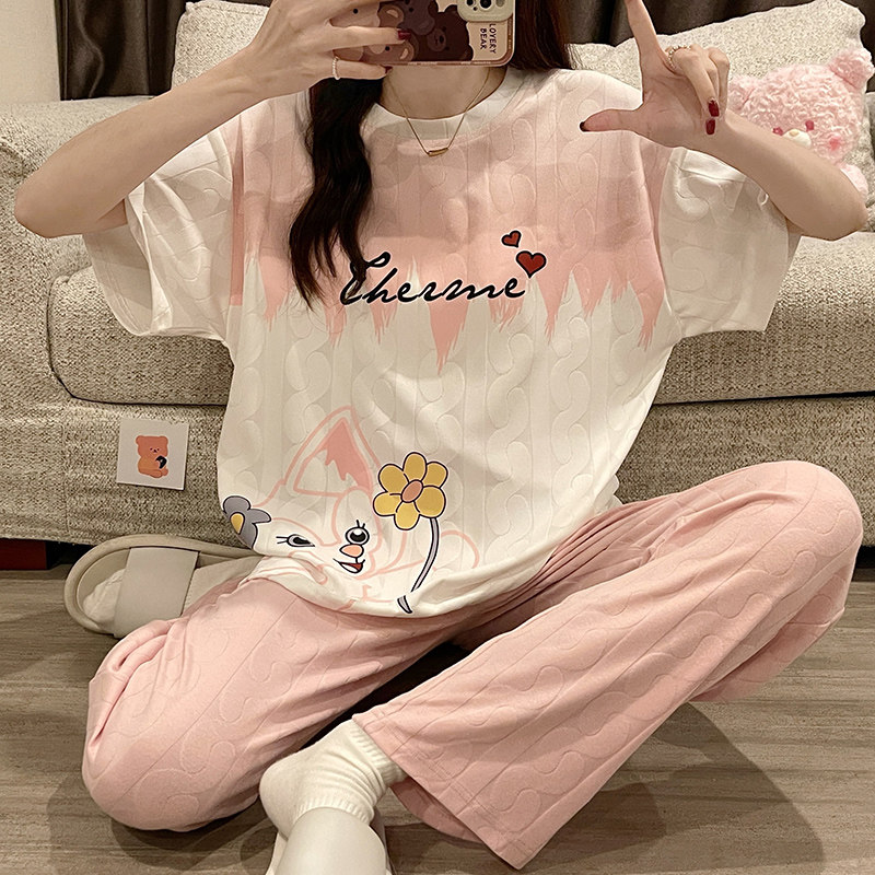 新款纯棉睡衣女夏季薄款短袖长裤宽松针织棉提花可爱卡通居家套装