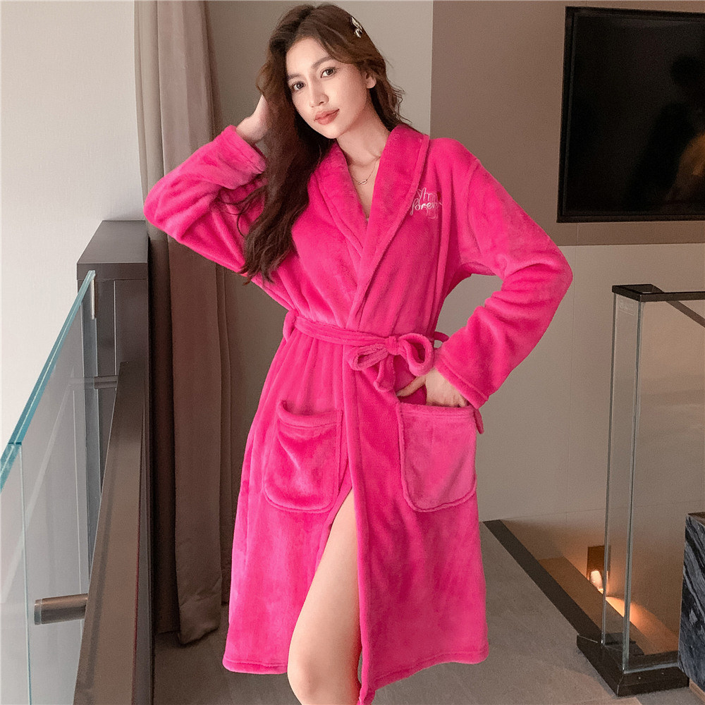 中长款睡袍秋冬情侣加厚保暖珊瑚绒男款睡衣女加绒法兰绒速干浴袍