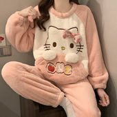 大码 200斤珊瑚绒睡衣女秋冬加厚KT猫卡通法兰绒可外穿家居服套装