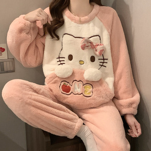 大码200斤珊瑚绒睡衣女秋冬加厚KT猫卡通法兰绒可外穿家居服套装