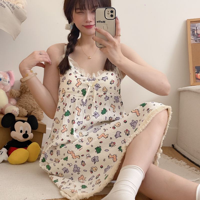 带胸垫夏季新款吊带睡裙女甜美可爱性感蕾丝花边清新休闲背心睡衣