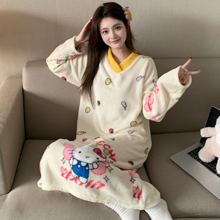 大码珊瑚绒V领睡裙女秋冬季加厚加绒加肥200斤胖mm保暖冬天家居服