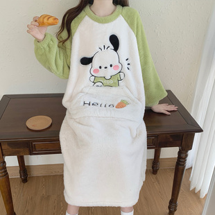 加肥大码珊瑚绒秋冬季学生韩版宽松卡通睡裙女加绒加厚可外穿睡衣