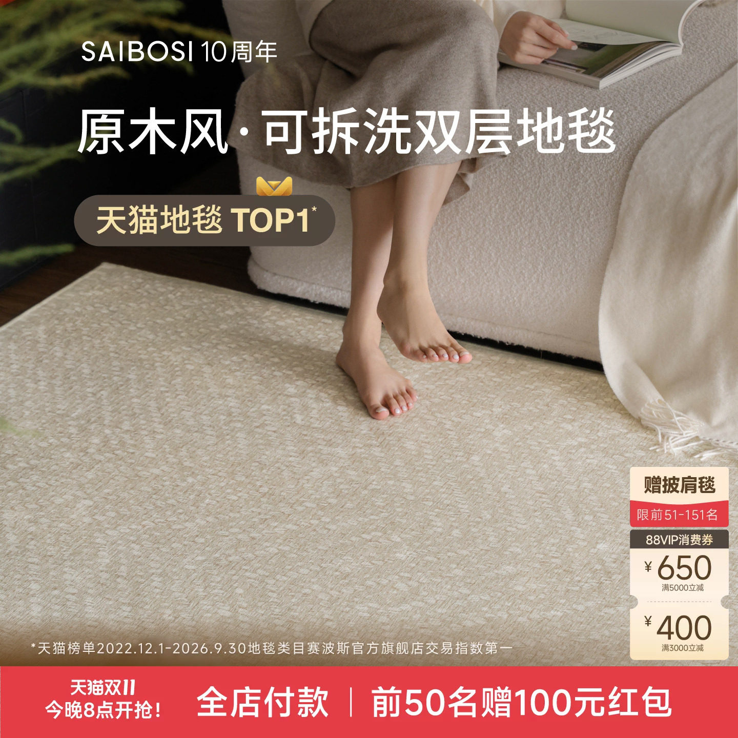 赛波斯云珠大宅可拆洗双层地毯客厅地垫卧室可机洗轻奢高级防猫爪