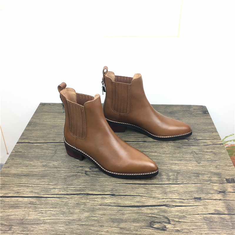 DEVRIEN CHELSEA BOOTS WOMENS ANKLES REAL DEERSKIN POINTED-TOE BLOCK HEEL MID-HEEL RETRO SPRING-AUTUMN SINGLE 2024 NEW