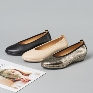 舒适奶奶鞋 外贸原单高跟鞋 女中跟坡跟圆头软羊皮真鹿皮开车通勤鞋