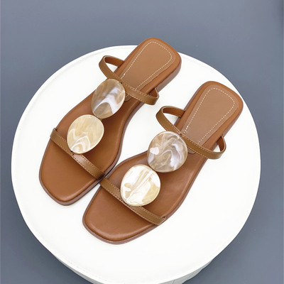 真皮夏季外穿罗马一字凉拖鞋女