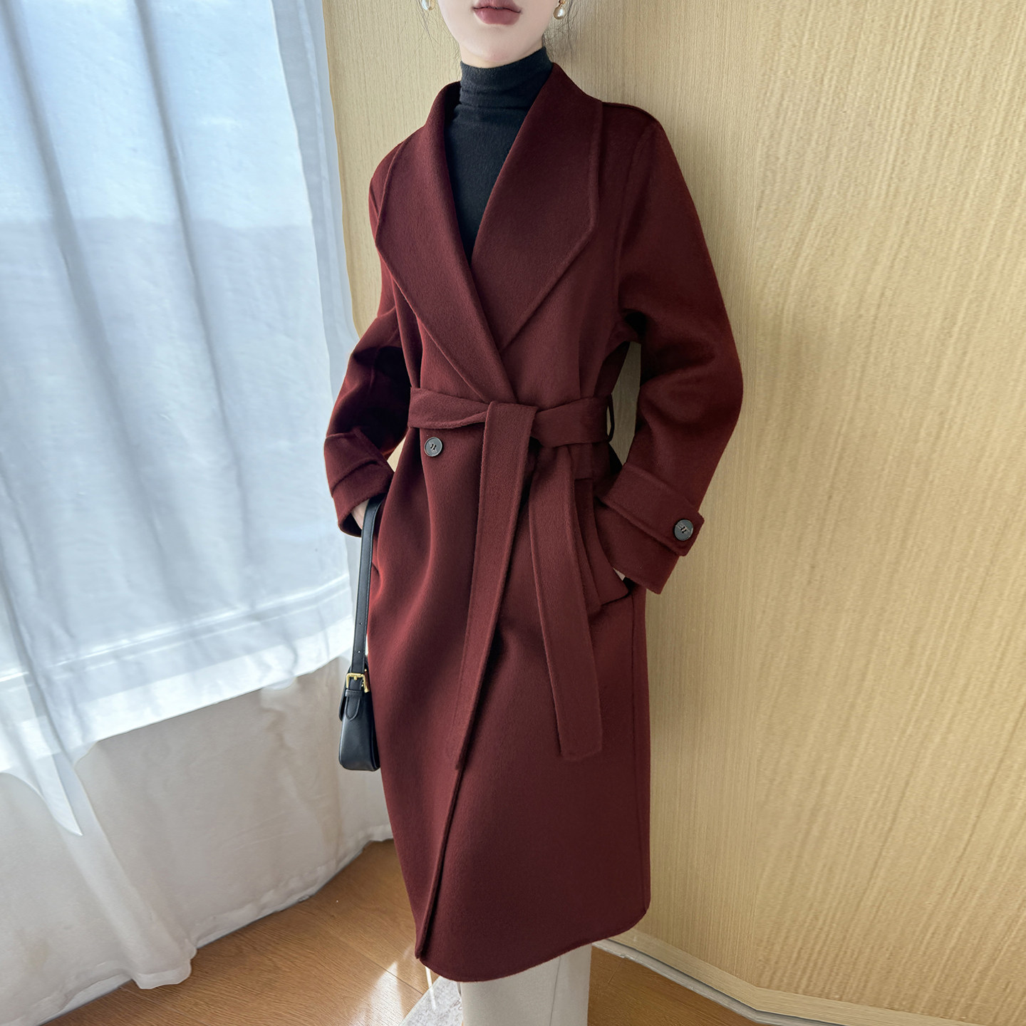 静奢风双面羊毛大衣女中长款2026秋冬新款睡袍款系带毛呢外套女装