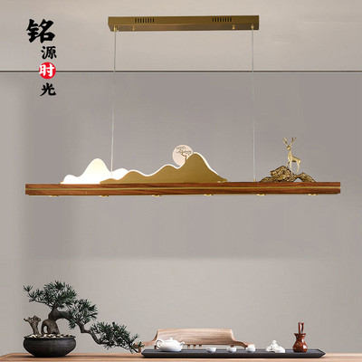 禅意新中式吊灯餐厅灯全铜云石实木轻奢一字长条书房吧台茶室吊灯