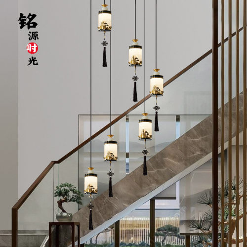 全铜玉石新中式楼梯长吊灯