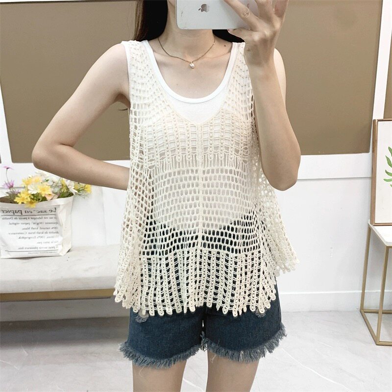 夏季新款复古镂空设计感针织马甲背心女宽松显瘦外搭罩衫无袖上衣,女装/女士精品,背心吊带,淘宝优惠券,粉丝福利购,淘宝优惠卷
