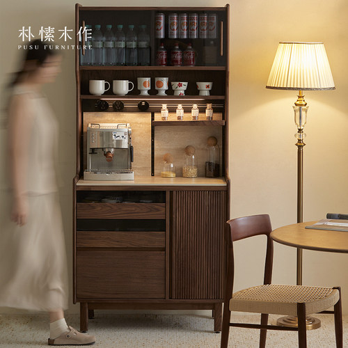 胡桃木储物柜靠墙一体岩板复古客