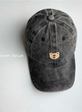原创可爱小熊头贴布水洗碳灰黑色棒球帽子女软顶学生做旧鸭舌帽男