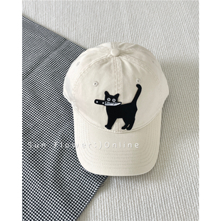 新款 休闲百搭米白色原创可爱黑猫棒球帽子女软顶显脸小鸭舌帽男潮