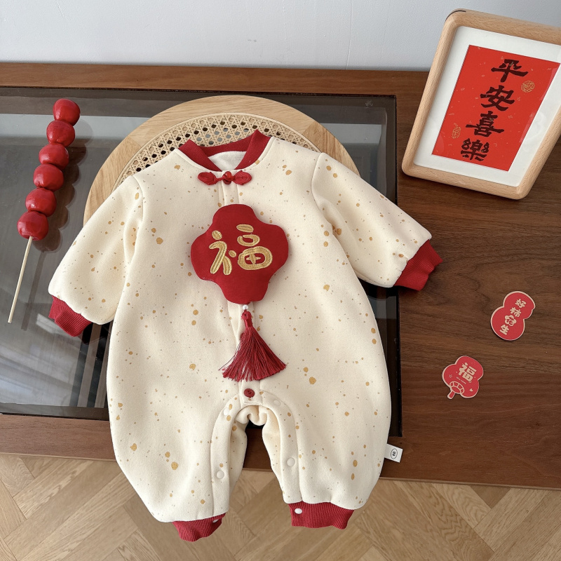 婴儿福字拜年服0-2岁冬季男女宝宝中国风加绒连体衣冬装外出保暖1