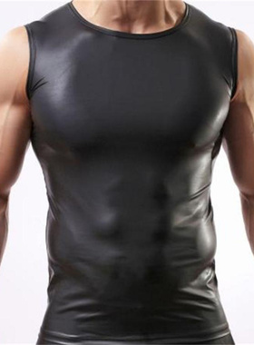 皮背心男 黑色马甲PU健身运动 夏薄性感紧身汗背心 夜店无袖
