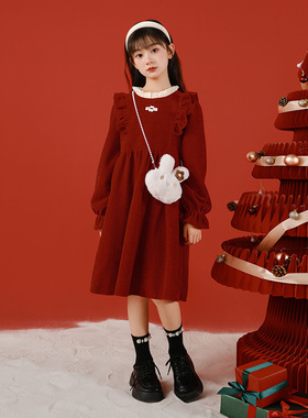 女童红色连衣裙秋冬女大童裙子加绒冬裙中国风公主裙2024新年衣服