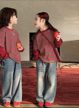 女童早春红色洋气条纹男女童针织假两件T恤2026春款TB6102筱