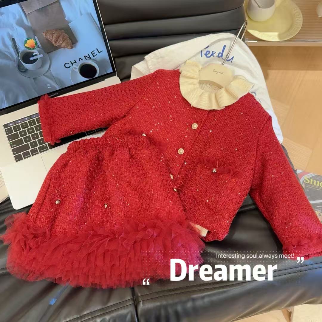 佑琦恩女童小香风中国红花边外套短裙两件套2025冬季新款AWB099鱼