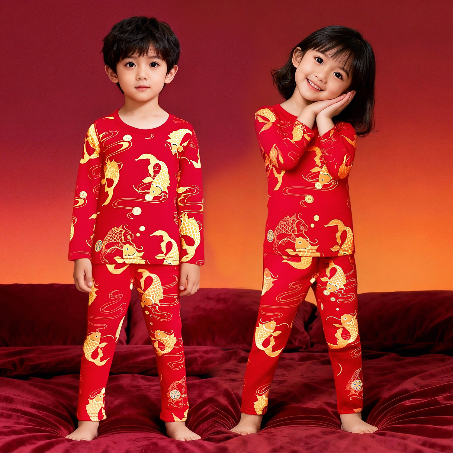 女童红色印花男女童秋衣秋裤锦鲤家居套装2025冬季新款YL047宜