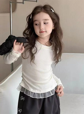 女童韩版蕾丝花边修身洋气长袖T恤打底衫2026春季新款RAR012冉宝