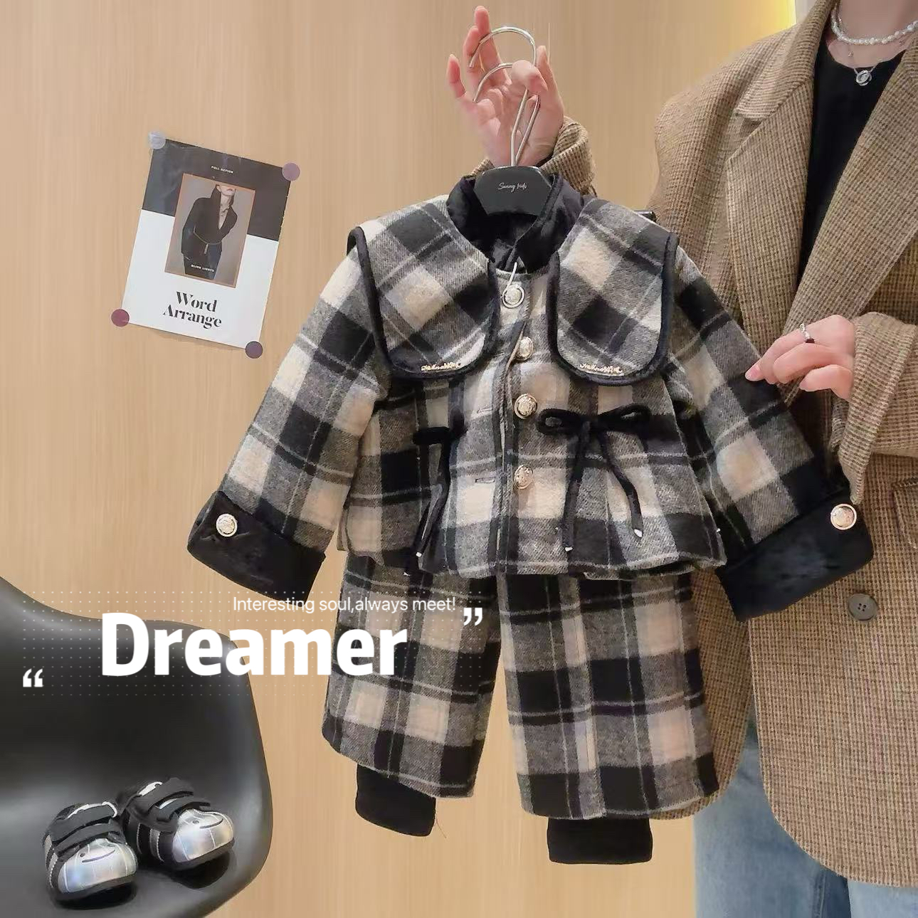 女童加厚小香风格子外套格子马裤两件套2025冬季新款D17811嘉