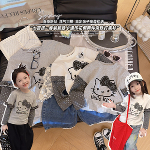 新款 KR056佰 2026春季 女童洋气百搭亲肤卡通印花假两件打底衫